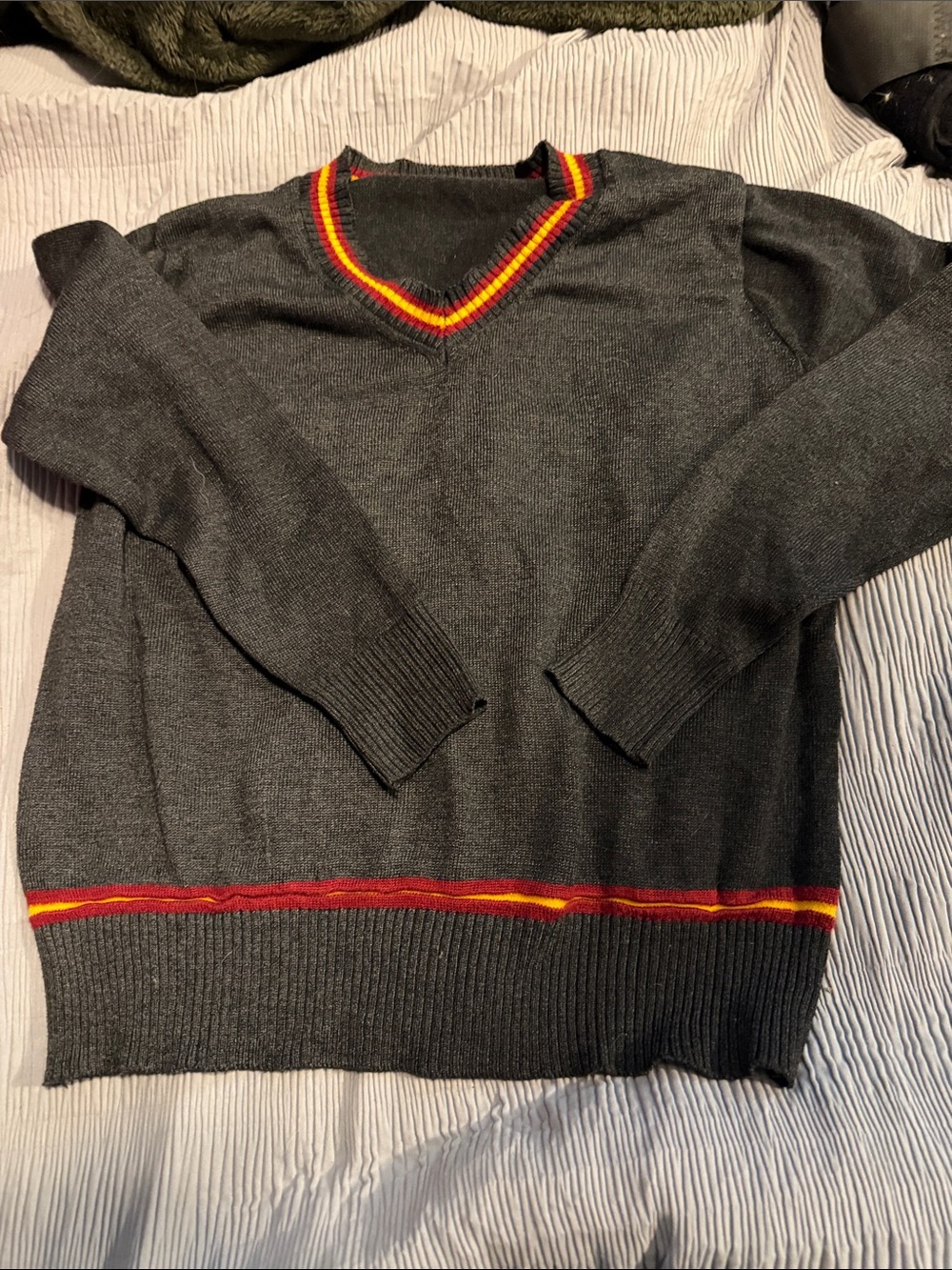 Amazon Kids Charcoal Sweater with Red and Yellow Stripe trim. HP sweater